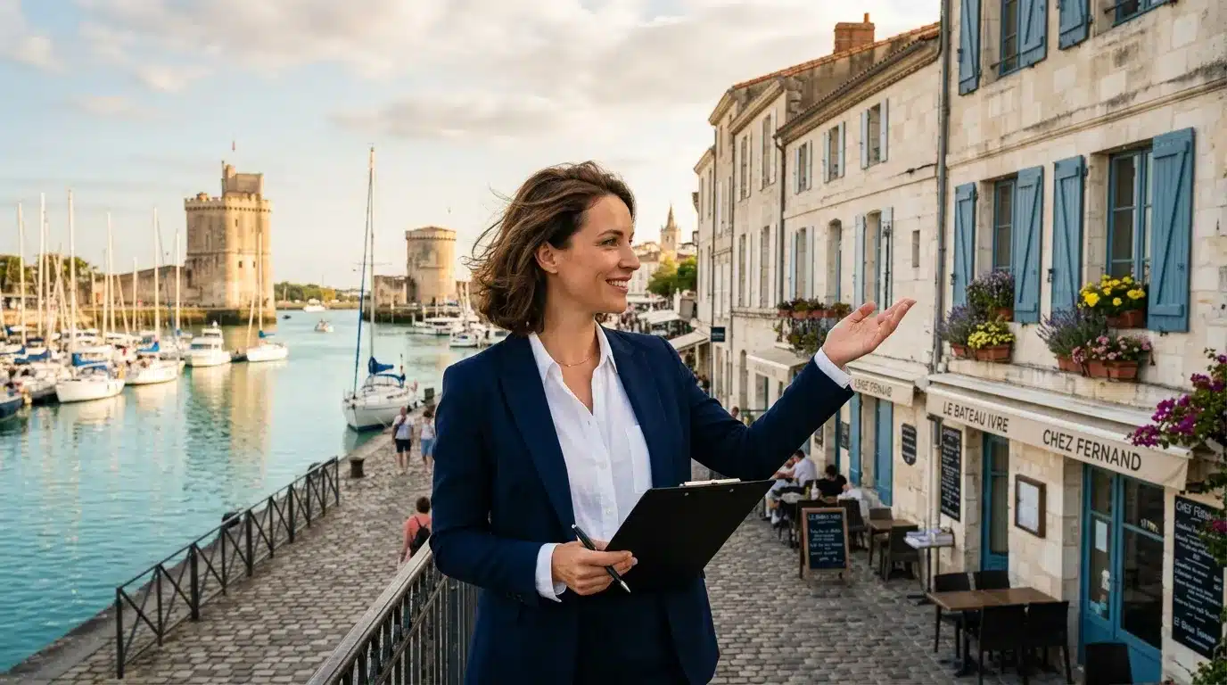 Femme souriante en costume bleu tenant une tablette devant le port de La Rochelle