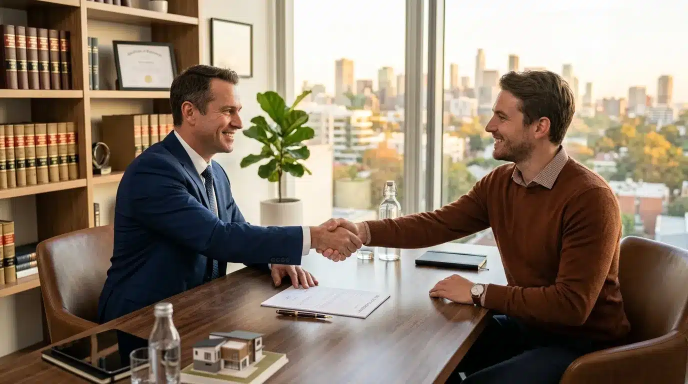 Deux hommes en costume se serrent la main dans un bureau moderne