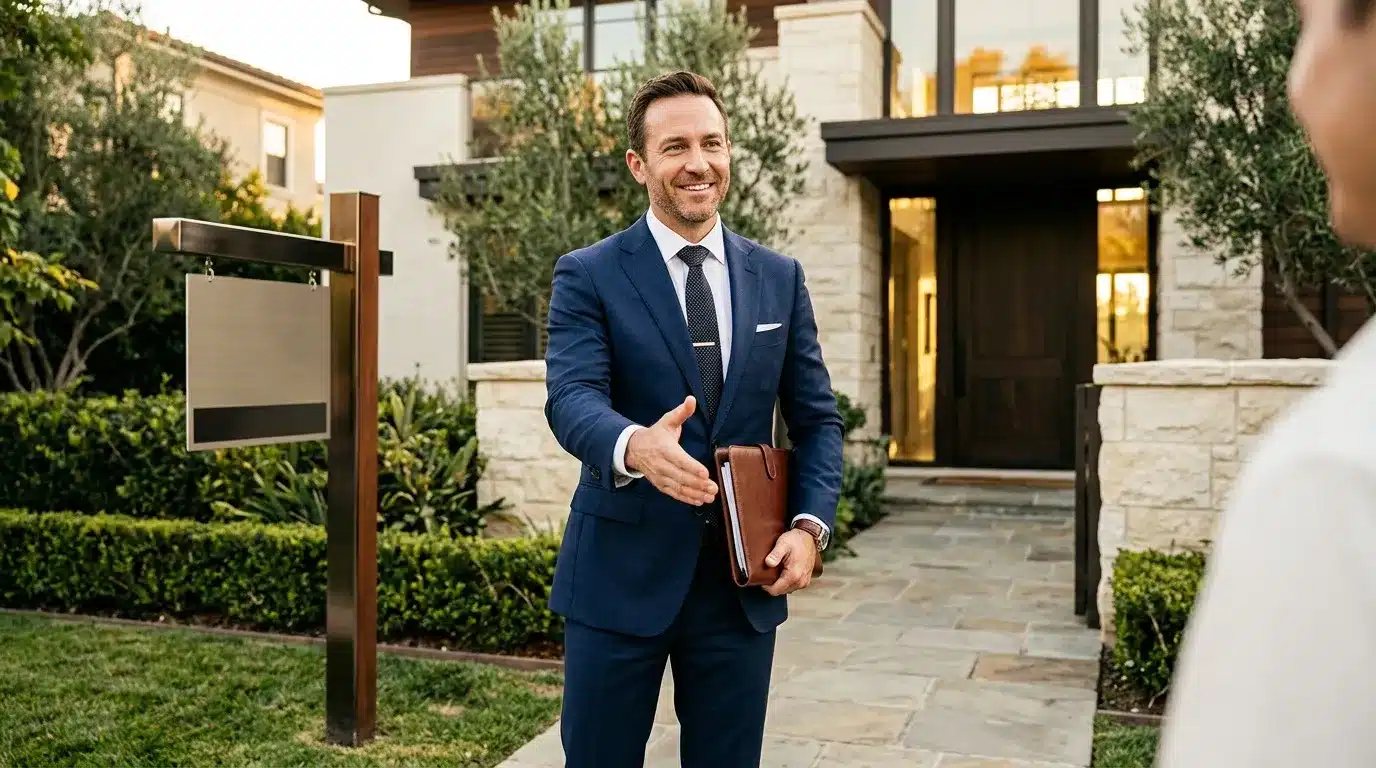 Agent immobilier en costume bleu devant maison moderne avec jardin