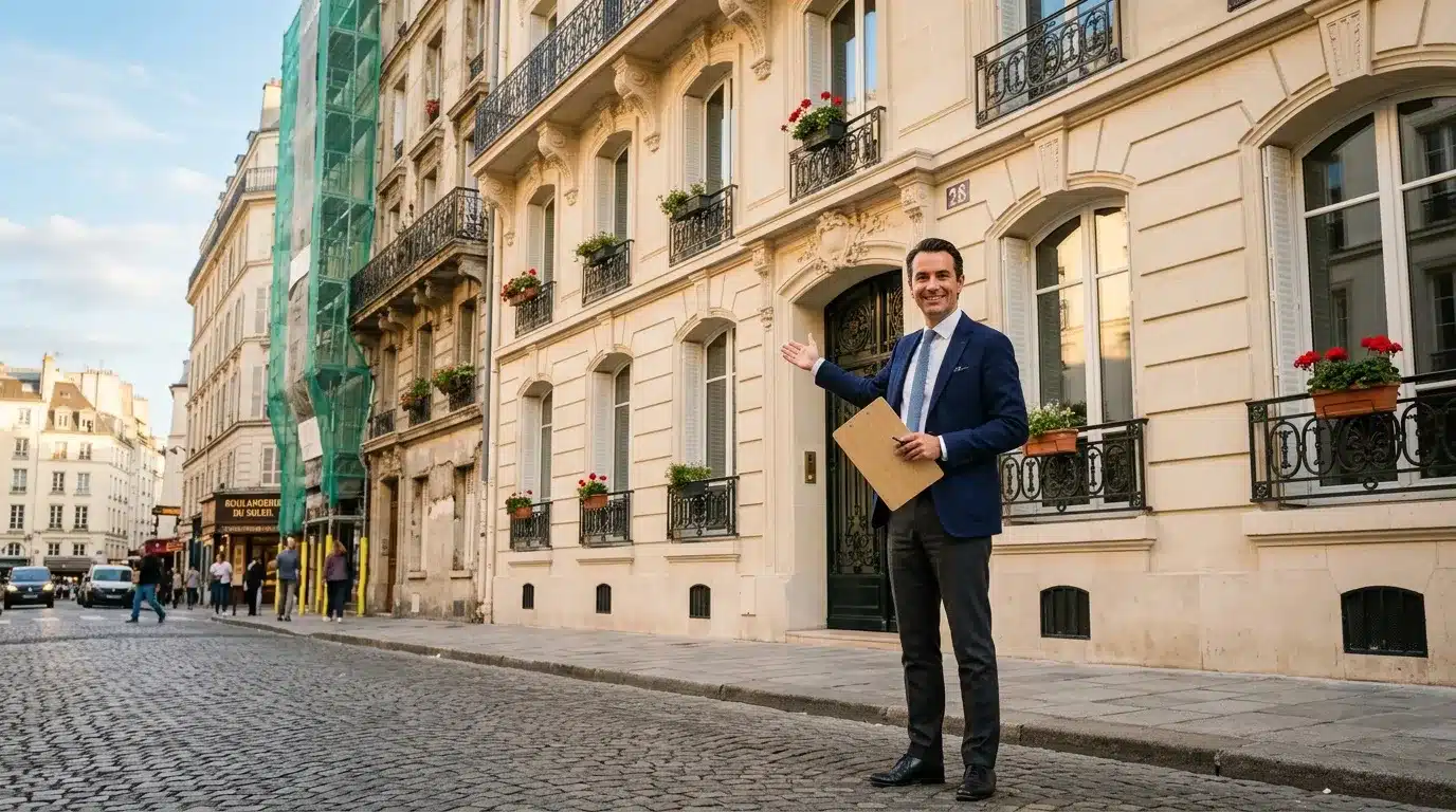 Homme en costume bleu tenant dossier devant bâtiment parisien