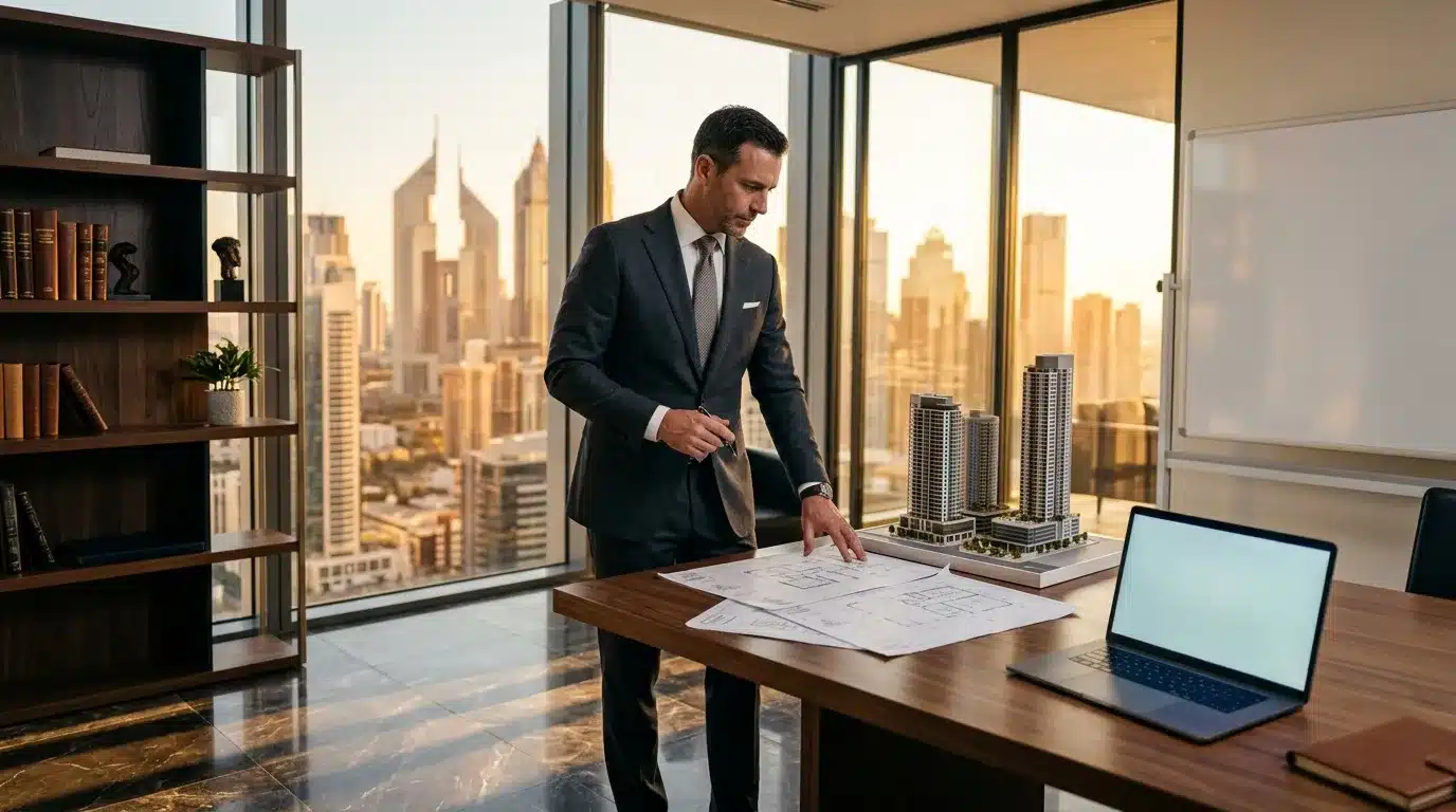 Homme en costume consultant des plans architectural dans un bureau moderne