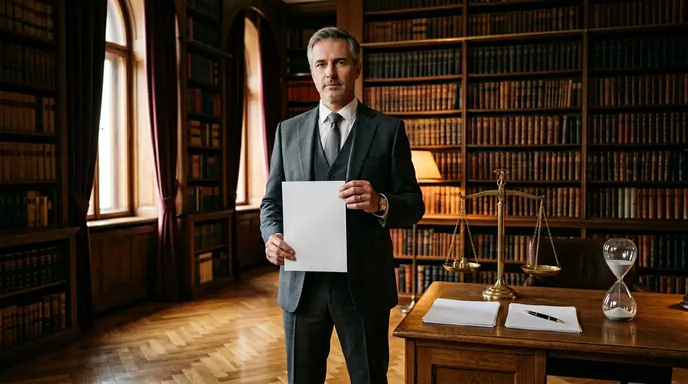 Homme en costume tenant document dans bibliothèque avec balance de justice