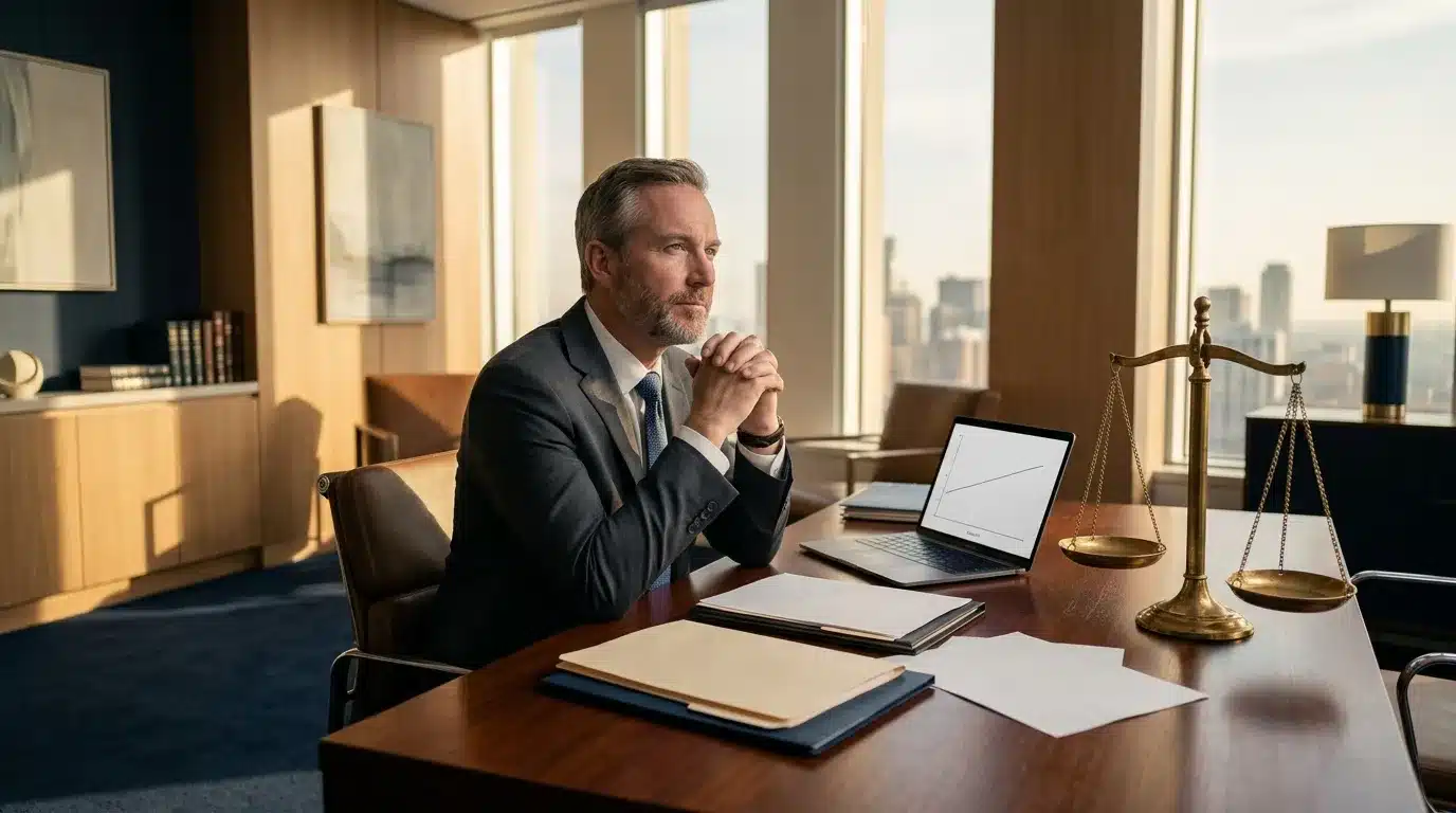 Homme d'affaires en costume travaillant à son bureau avec balance de justice