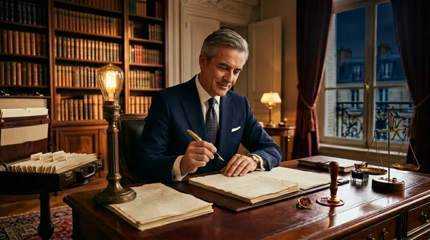 Homme en costume bleu signe document dans bureau élégant