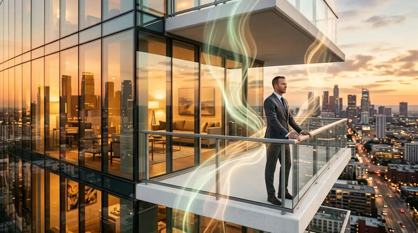 Homme d'affaires observant la ville depuis un balcon moderne au coucher du soleil.