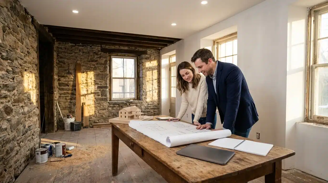 Couple étudiant blueprints sur table rénovation