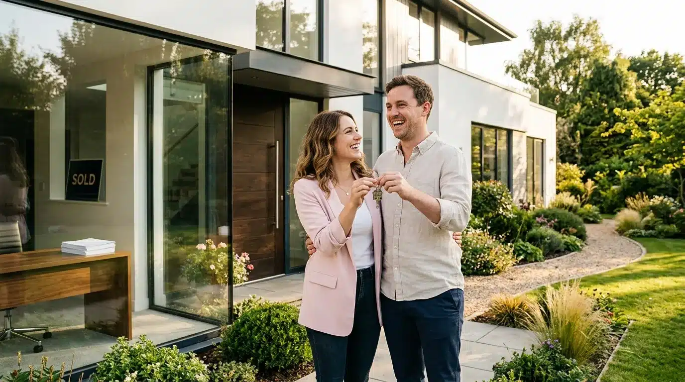 Couple souriant tenant les clés devant leur maison moderne vendue