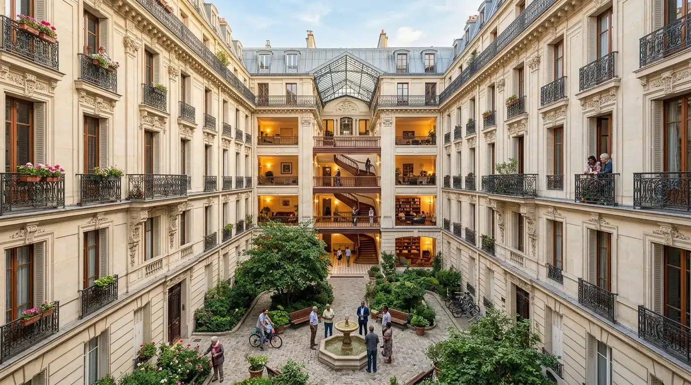 Cour intérieure élégante avec immeubles haussmanniens et résidents