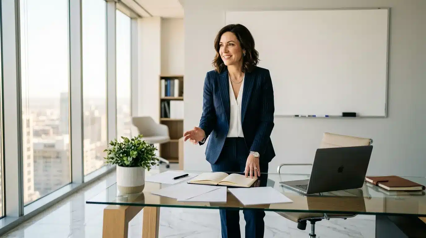 Femme en blazer bleu travaillant à son bureau haut de gamme.