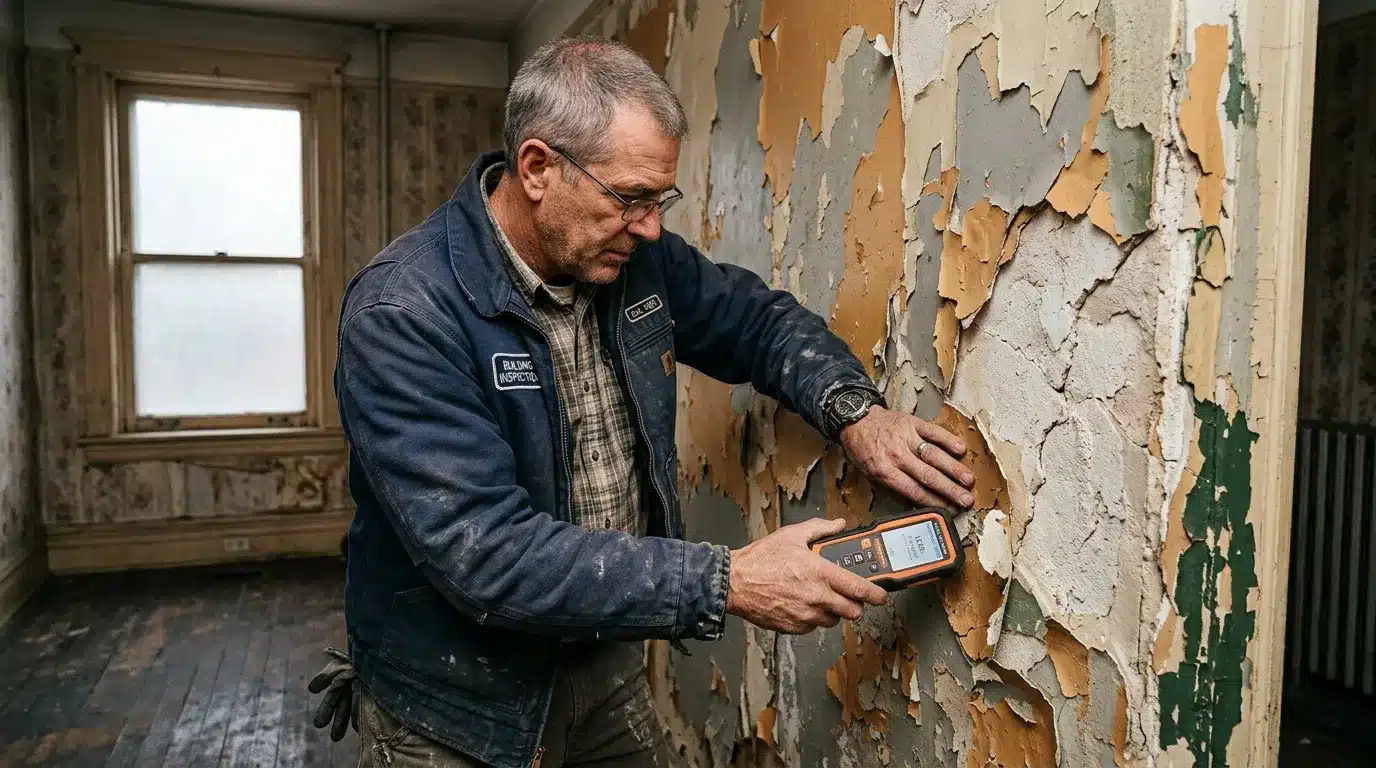 Inspecteur mesure l'humidité du mur décrépi