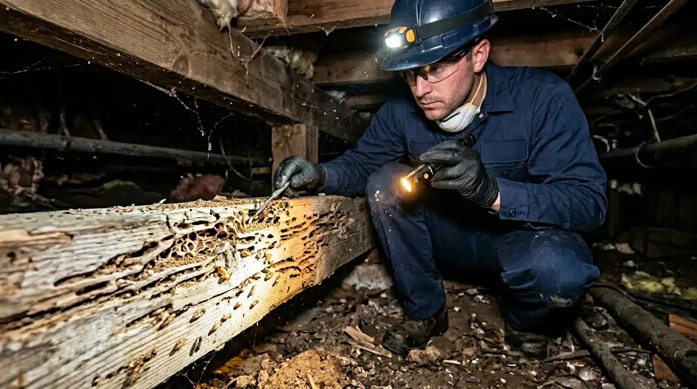 Inspecteur examine bois endommagé par termites avec lampe