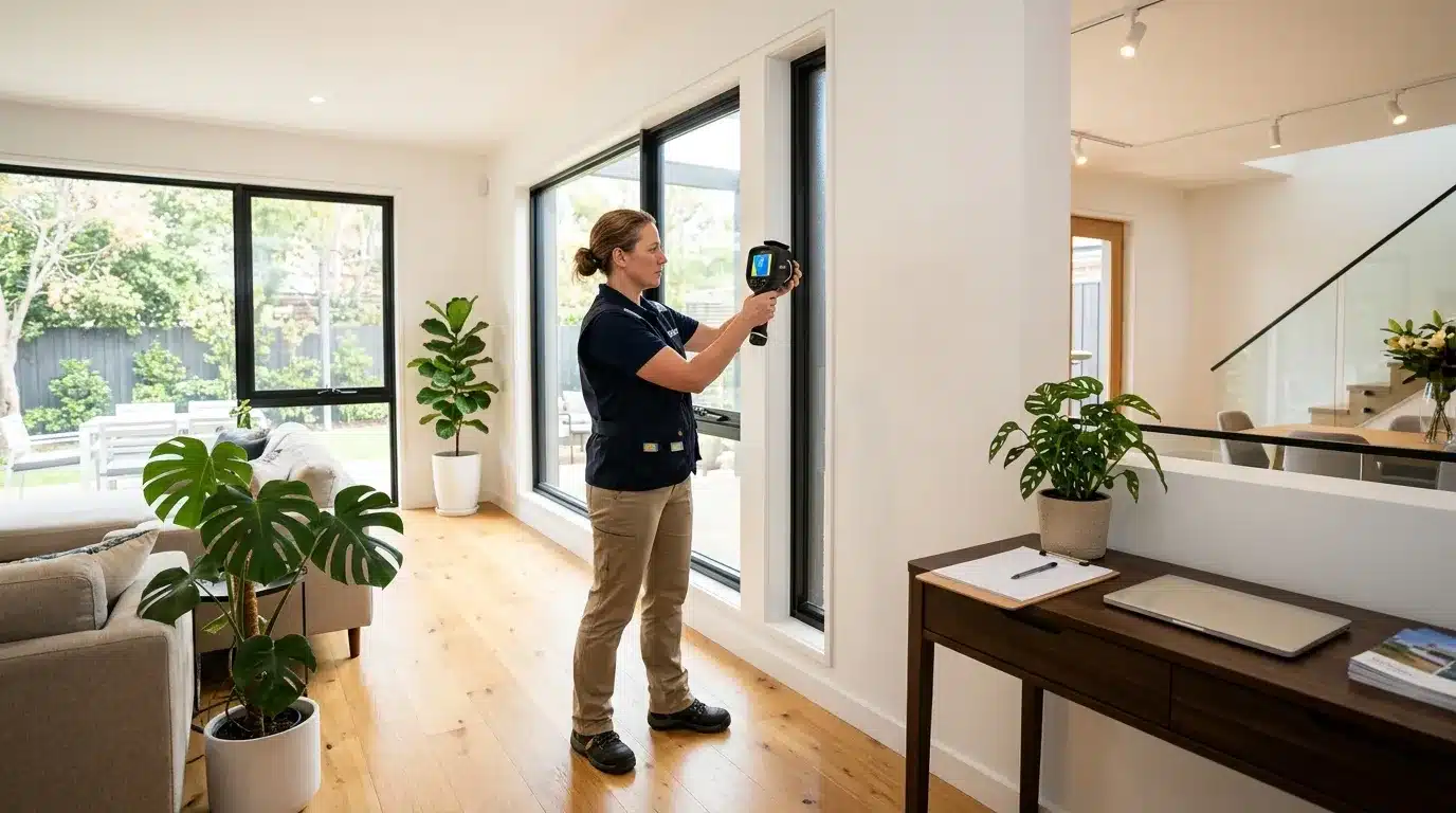 Technicienne utilisant caméra thermique dans intérieur contemporain