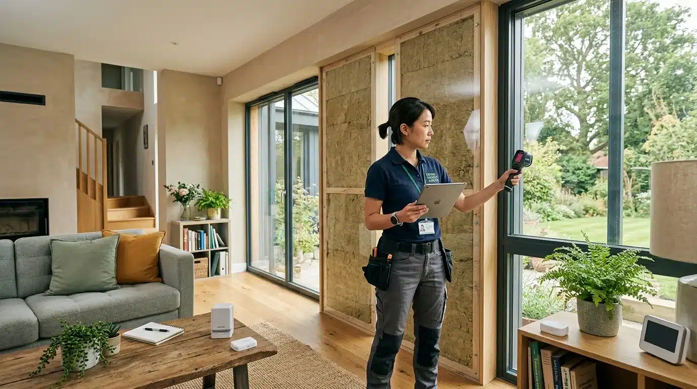 Technicienne inspecte une maison avec caméra thermique