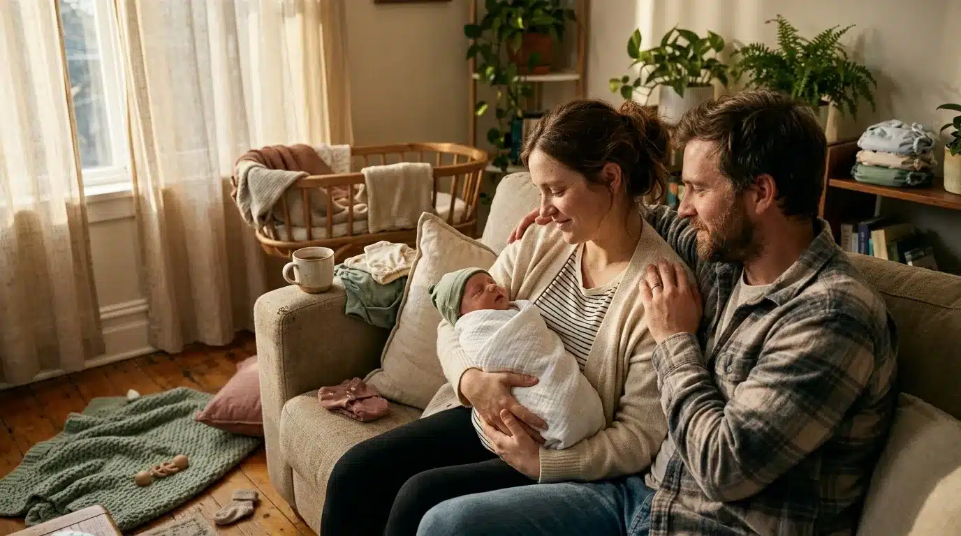 Couple assis sur canapé tenant leur bébé nouveau-né