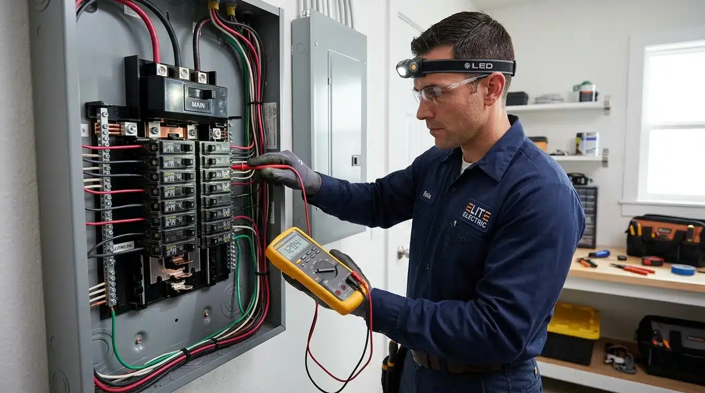 Technicien en bleu testant un panneau électrique avec multimètre
