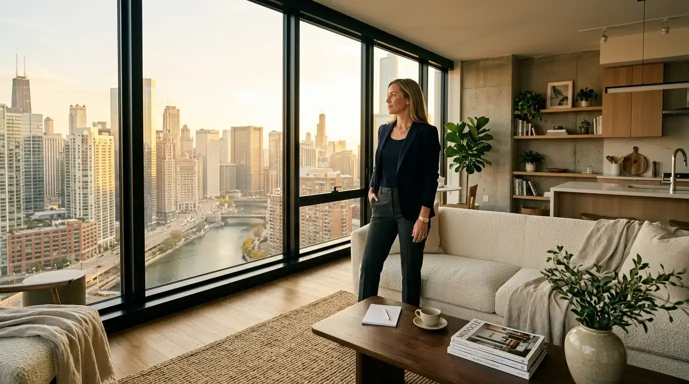 Femme dans appartement haut standing avec panorama urbain