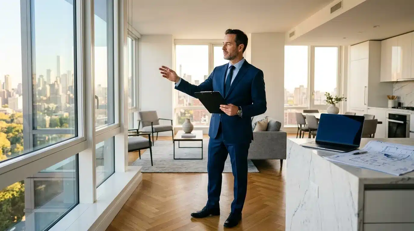 Homme d'affaires en costume bleu présentant dans un penthouse moderne