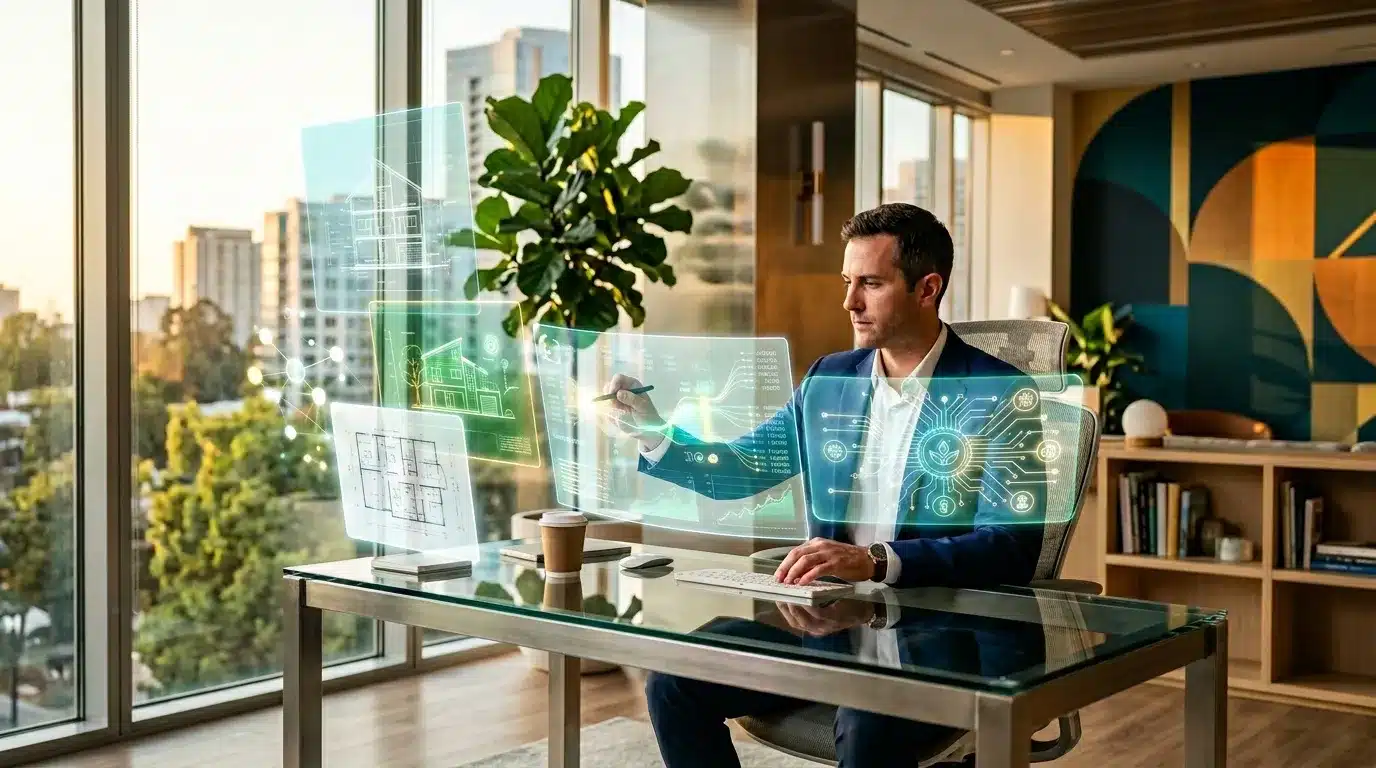 Homme d'affaires interagissant avec interfaces numériques holographiques futuristes