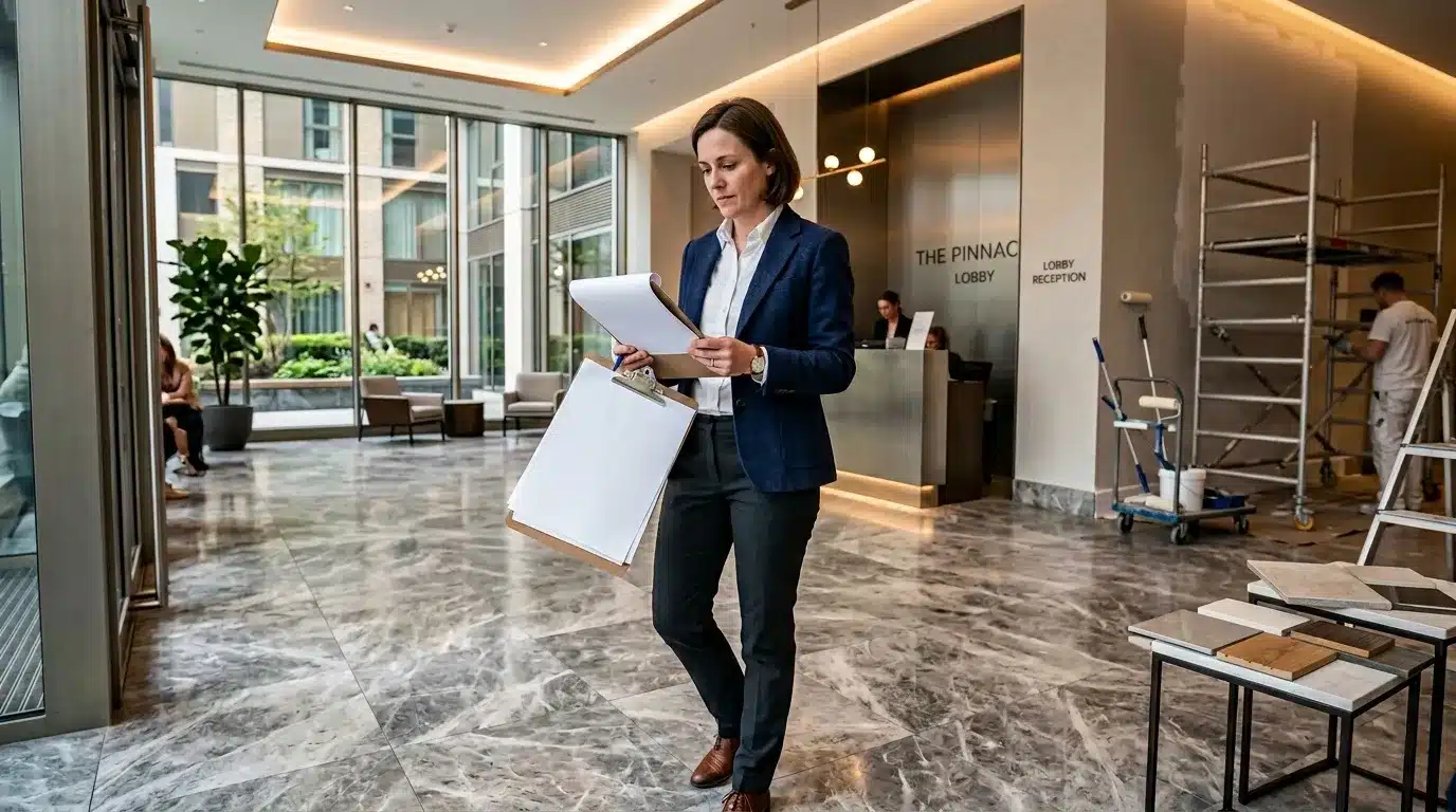 Femme en costume examine documents dans hall moderne