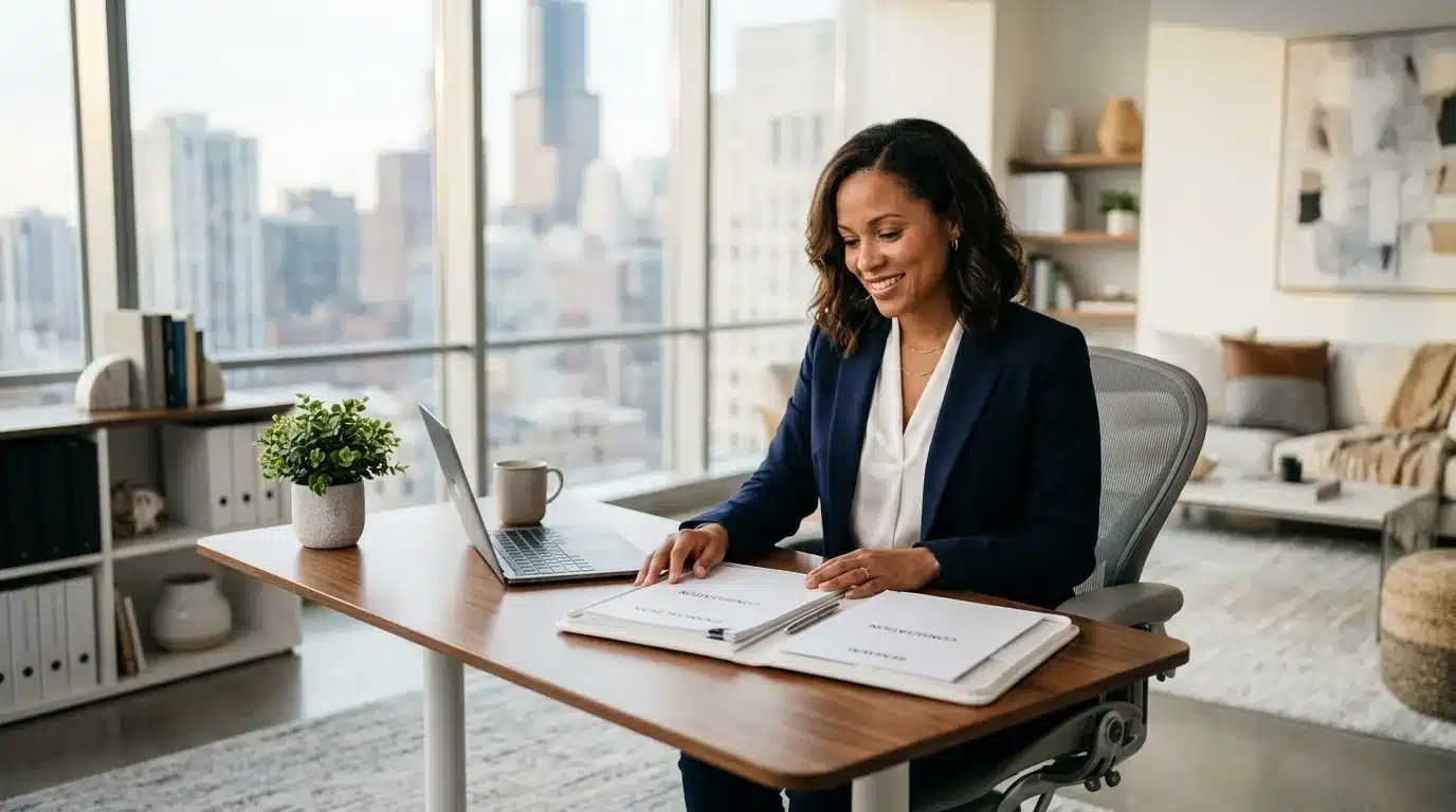 Femme d'affaires souriante travaillant à son bureau avec vue panoramique