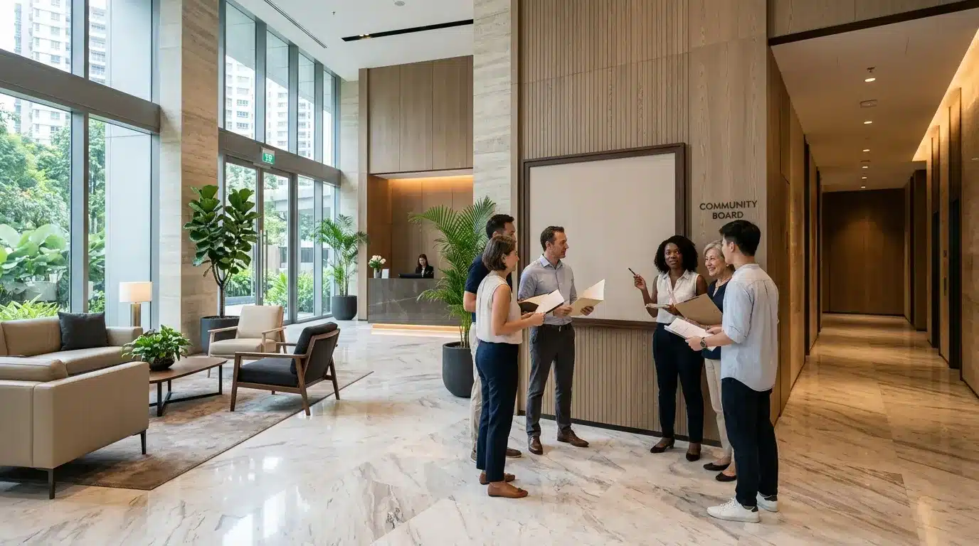 Groupe de professionnels discutant dans un hall moderne luxueux
