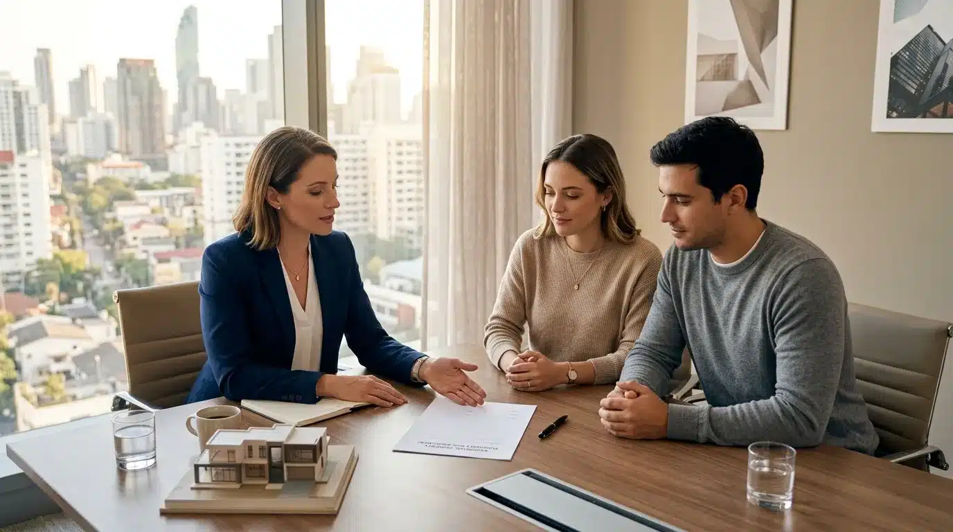 Agent immobilier présente projet maison à couple dans bureau