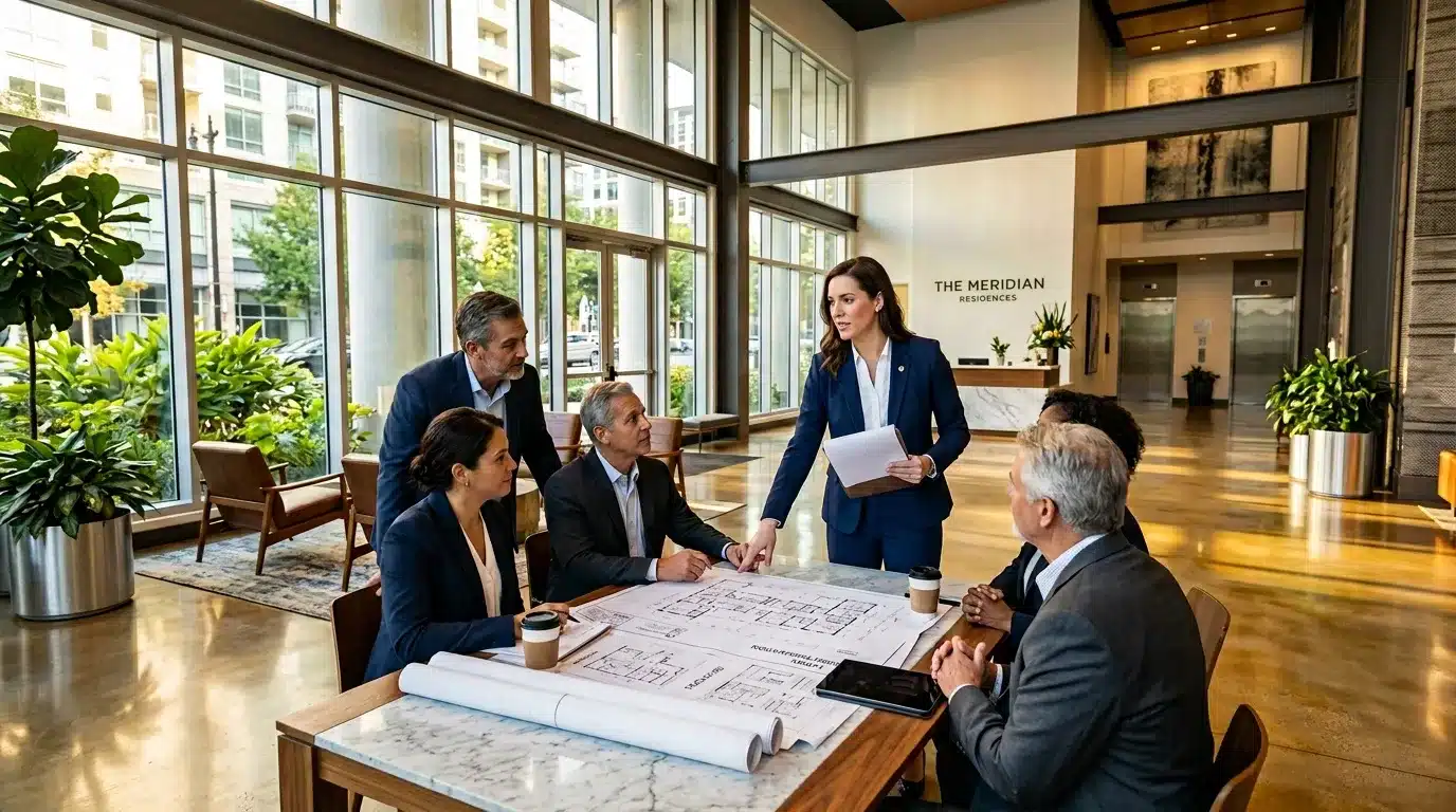 Cinq professionnels discutent autour de plans architecturaux dans un hall moderne.
