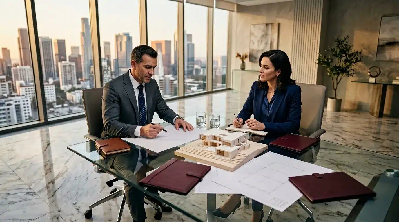 Deux professionnels discutent autour d'une table avec maquette architecturale