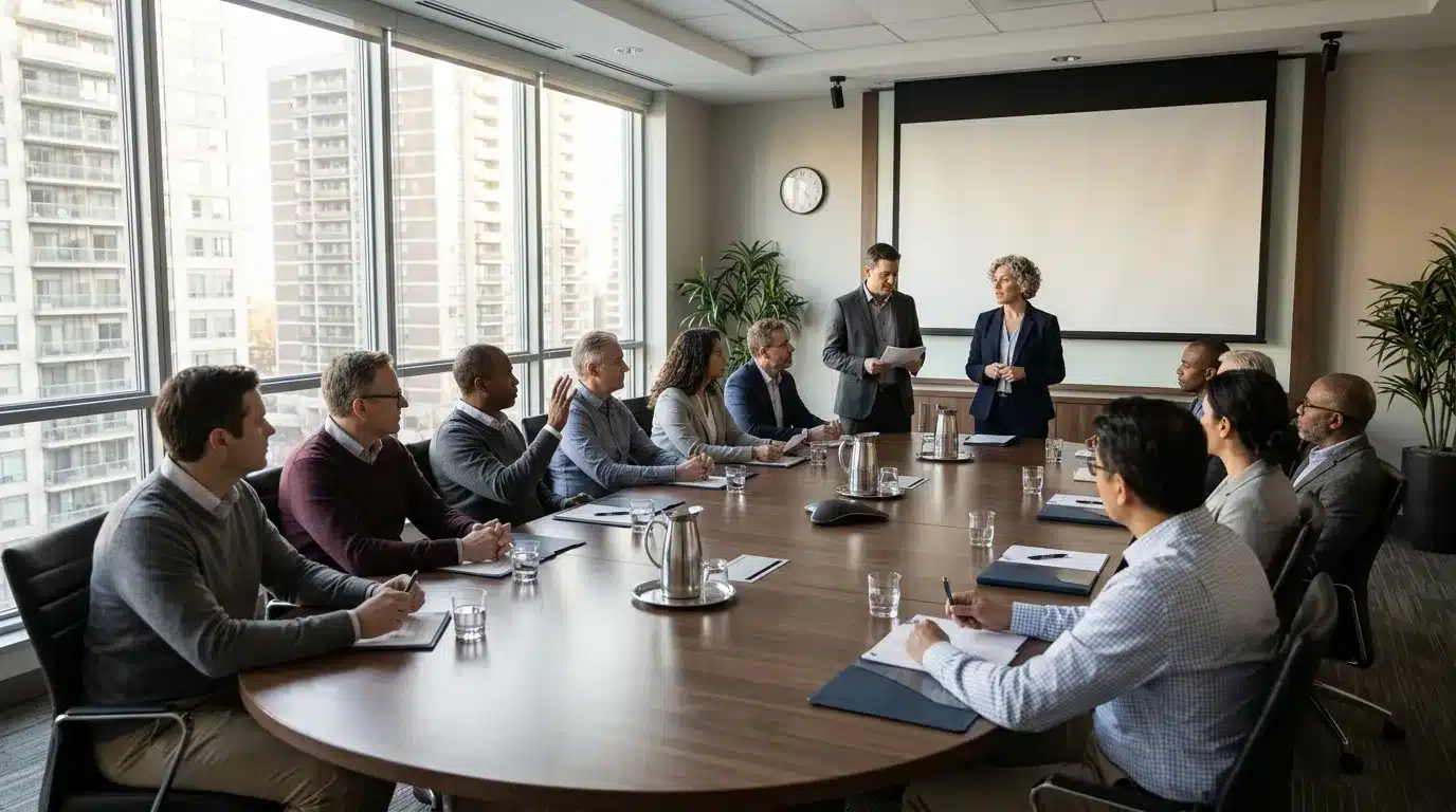 Équipe en réunion autour d'une table ronde dans un bureau moderne.