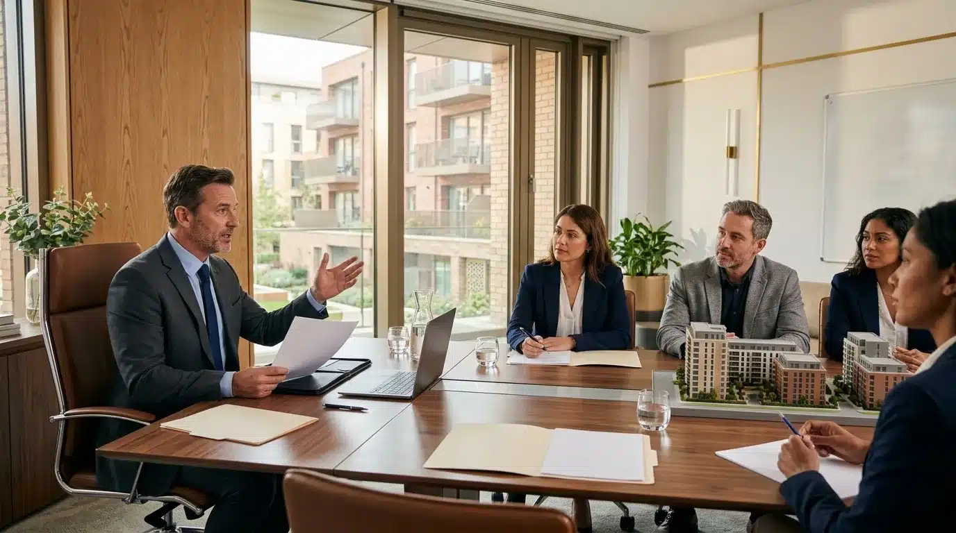 Équipe en réunion discutant projet immobilier avec maquette