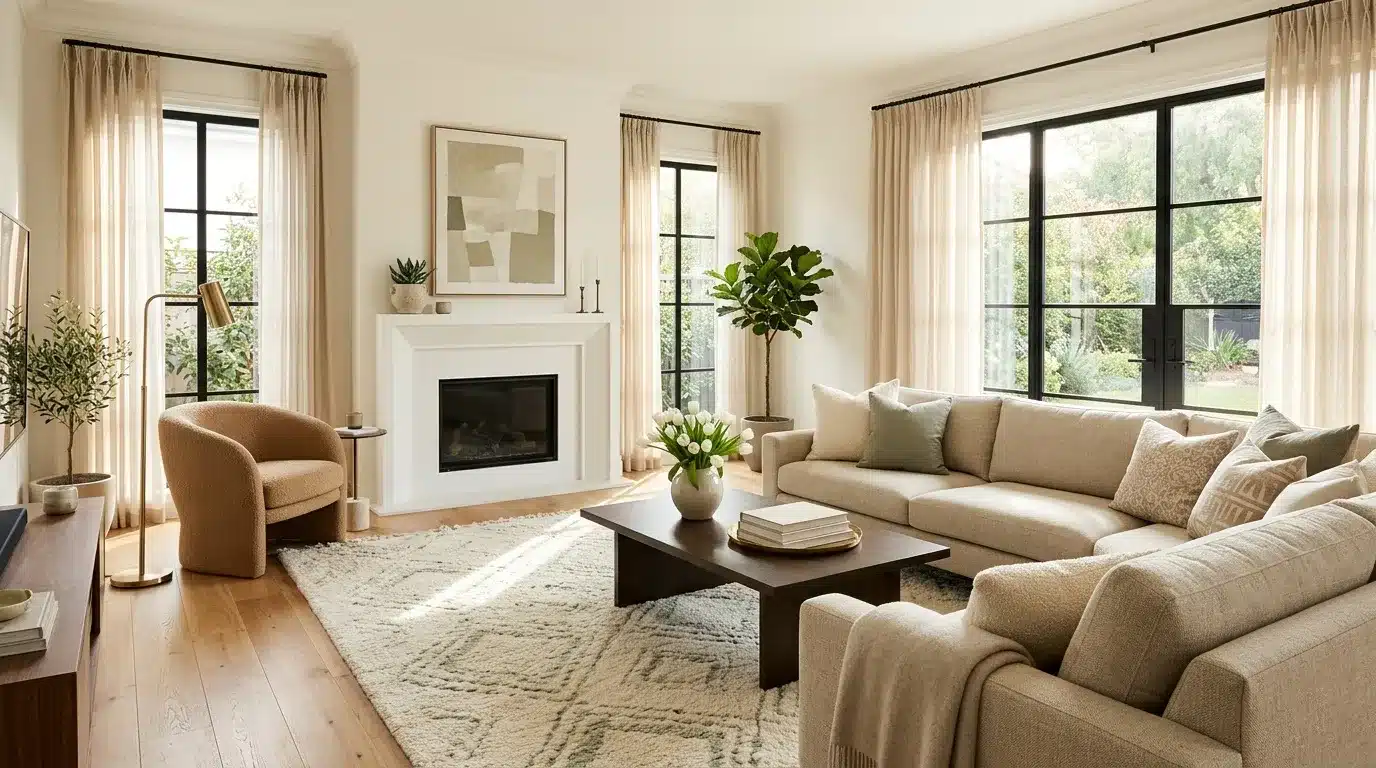 Salon moderne avec canapé beige, cheminée blanche et grandes fenêtres