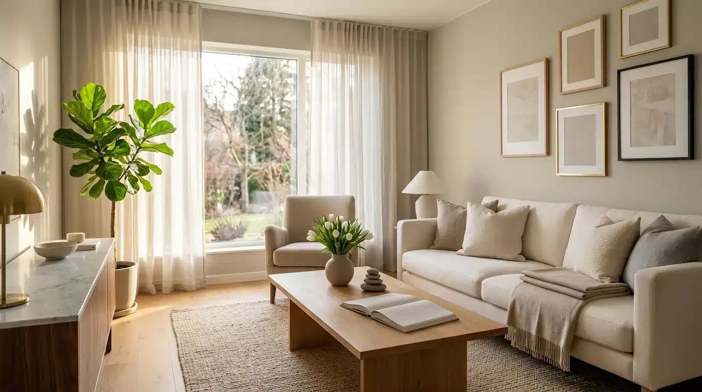 Salon élégant avec canapé beige, fauteuil et baie vitrée