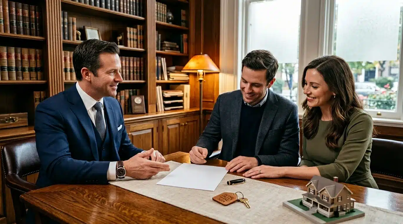 Trois professionnels signent un document dans un bureau élégant.