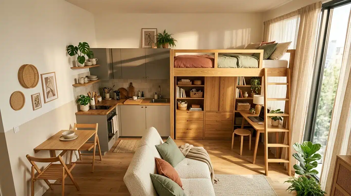 Petit appartement avec cuisine, lit mezzanine et salon lumineux