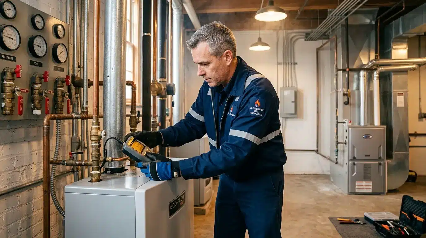 Technicien HVAC inspectant équipement chauffage avec thermomètre infrarouge