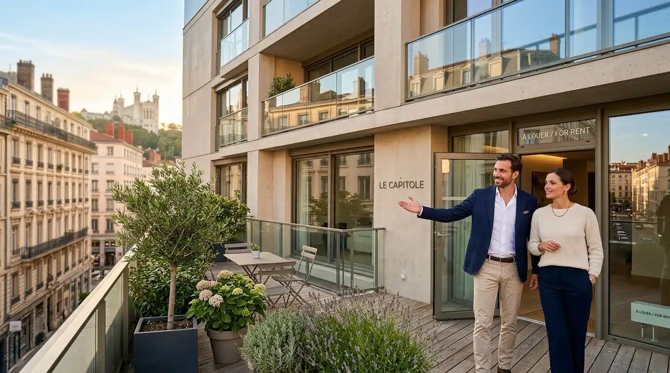 Couple visitant un appartement moderne avec terrasse vue Basilique