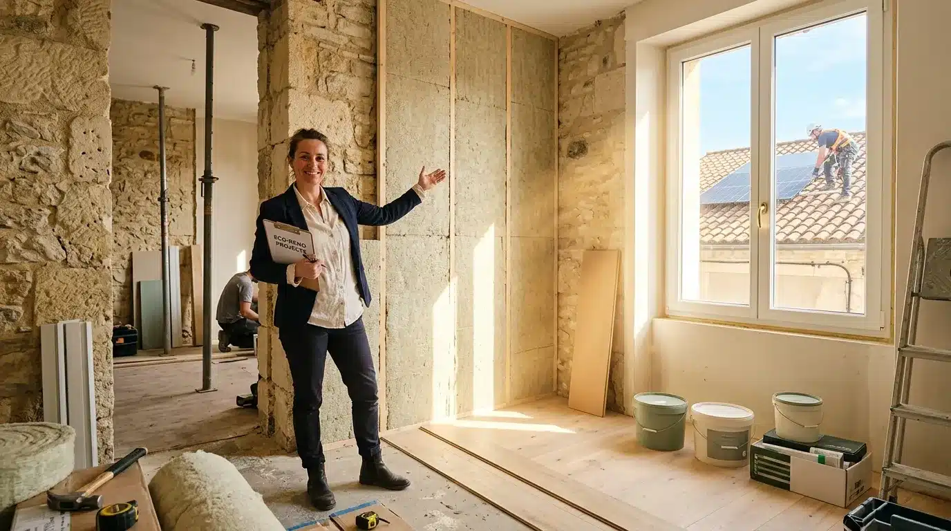 Femme agent immobilier présente chantier rénovation maison