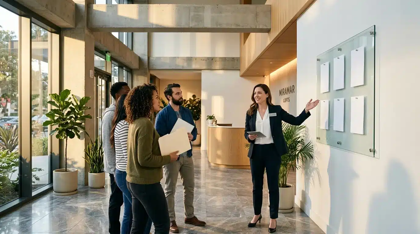 Femme guide présentant les locaux à trois visiteurs en corridor lumineux