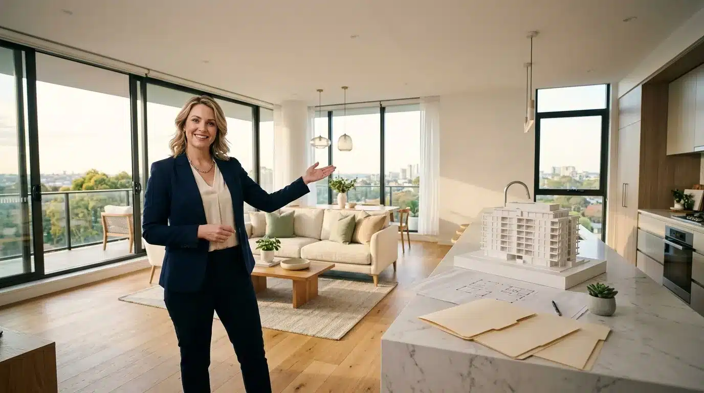 Femme en costume présentant un appartement moderne avec vue