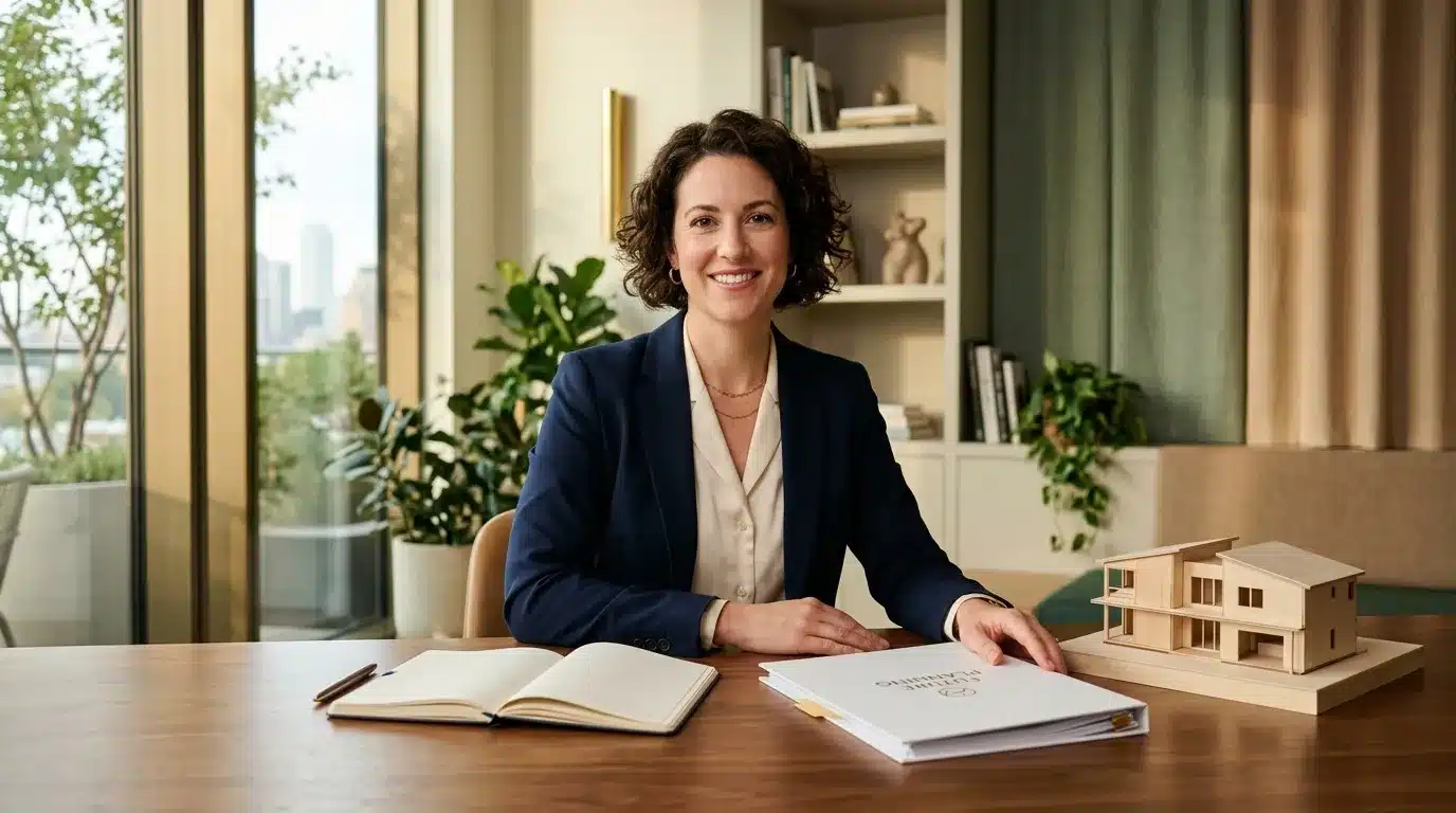 Femme d'affaires souriante à son bureau avec maquette architecturale