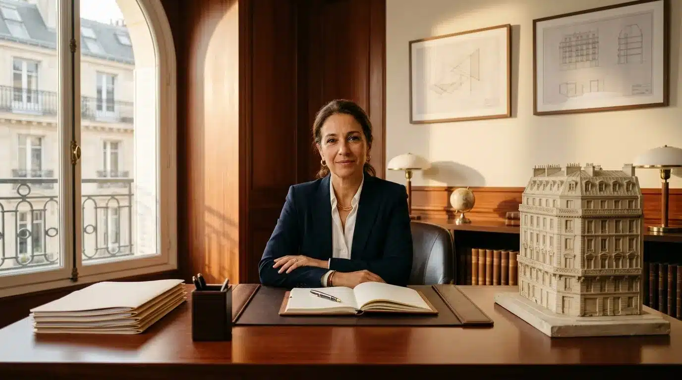 Femme professionnelle à son bureau avec maquette architecturale