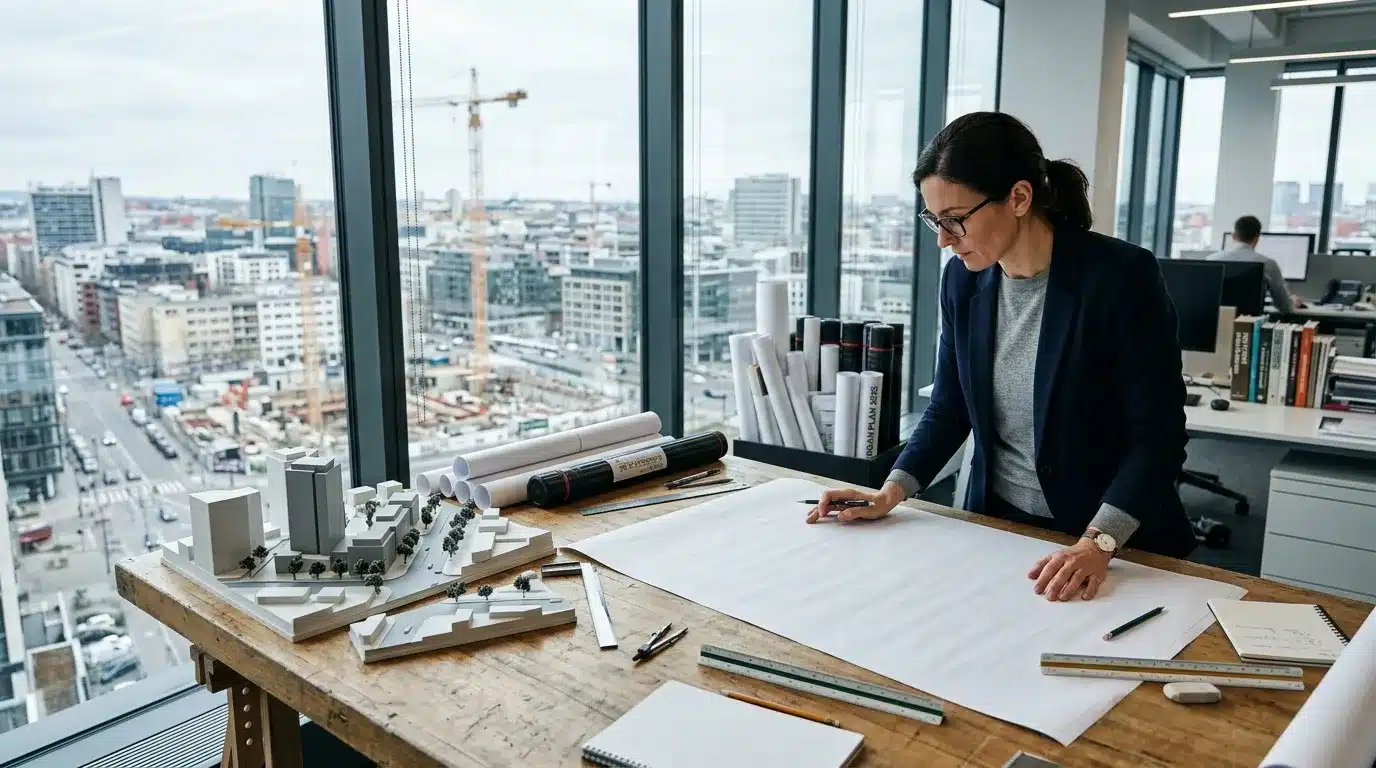 Femme architecte étudiant maquette et plans de projet