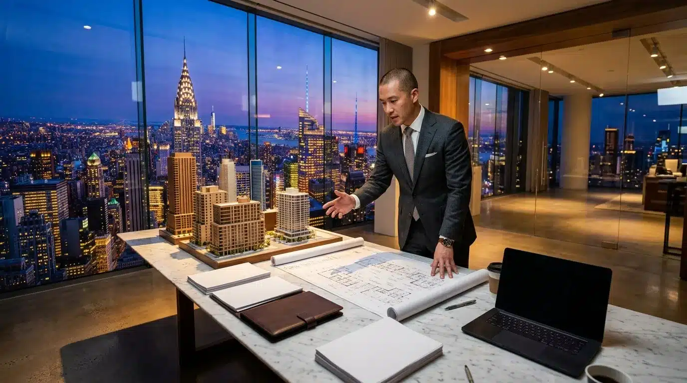 Homme en costume examine plans architectural avec maquette New York