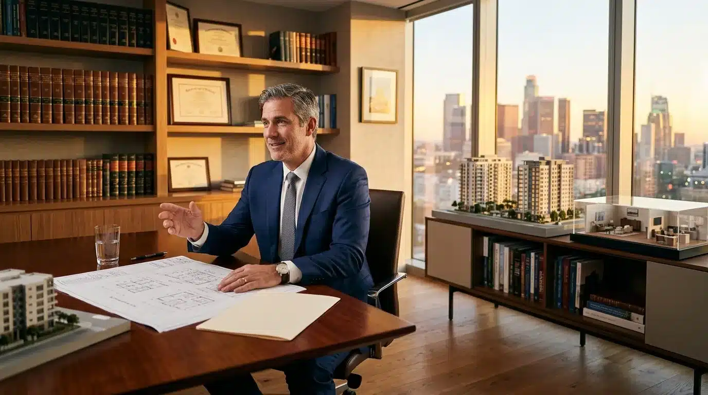 Homme d'affaires en costume présentant plans architecturaux en bureau
