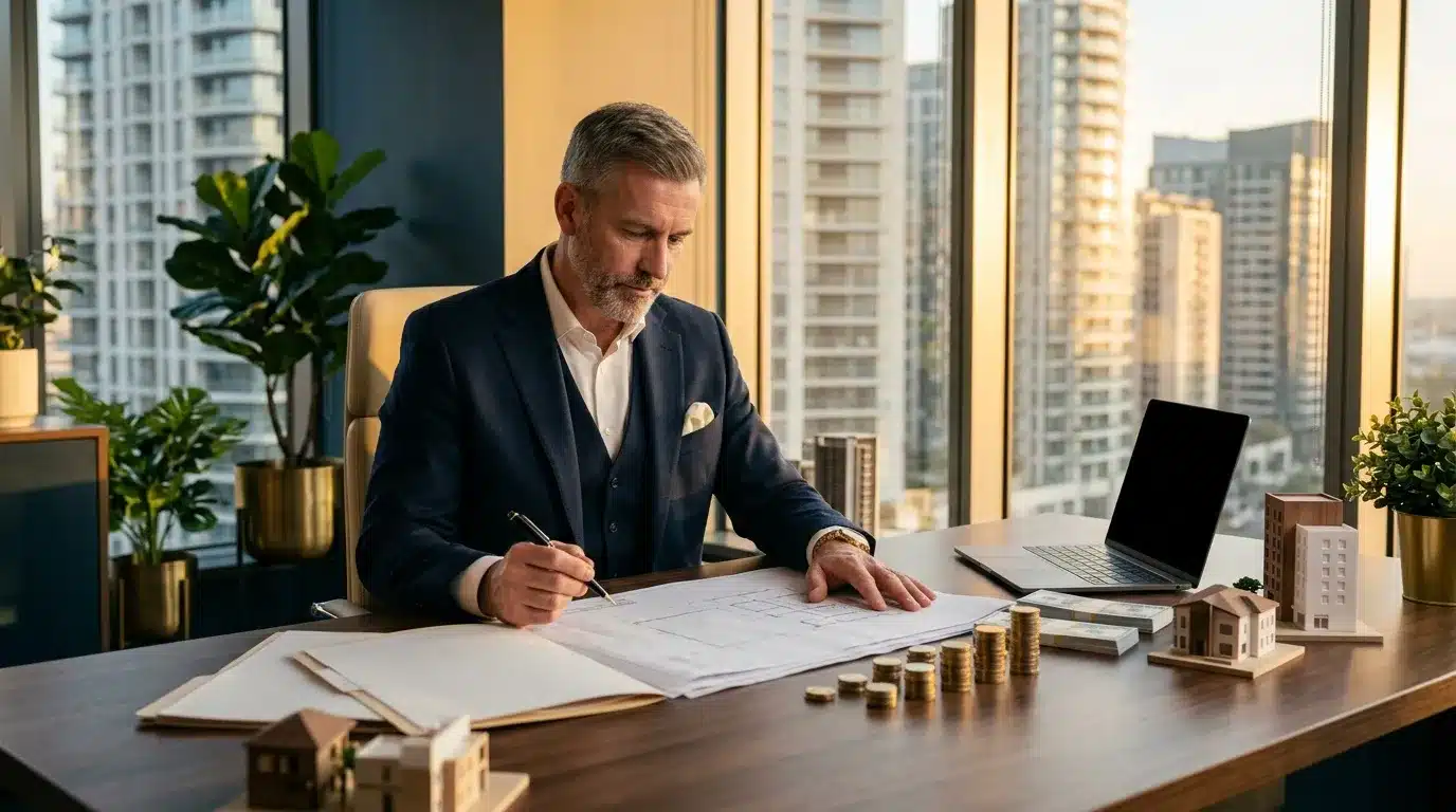 Homme d'affaires examinant des plans architecturaux en haute altitude