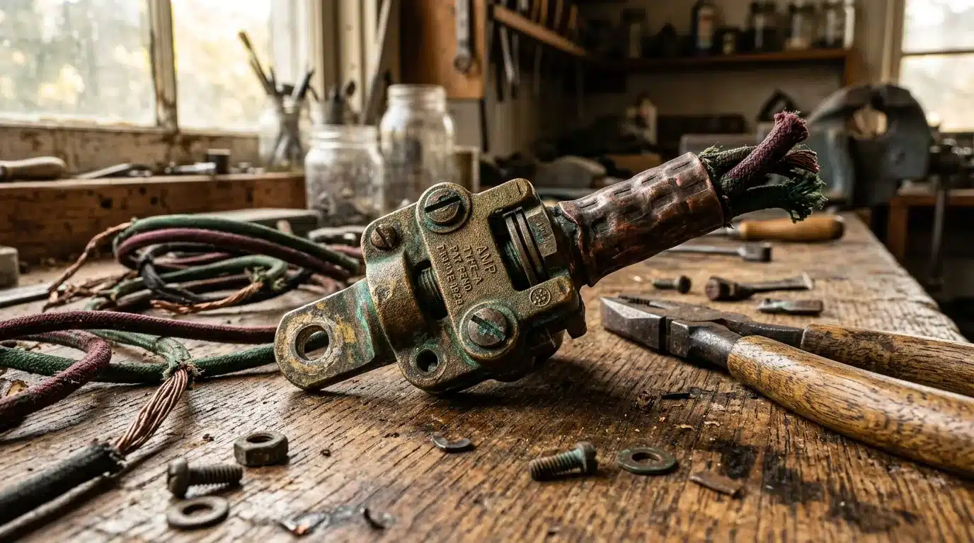 Ancien interrupteur électrique sur établi d'artisan avec outils