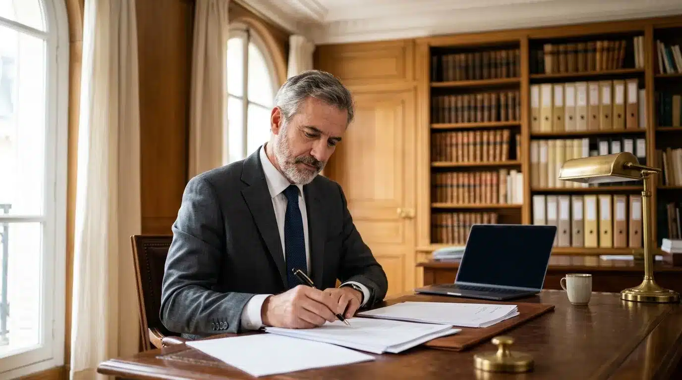 Homme en costume signe documents à son bureau professionnel