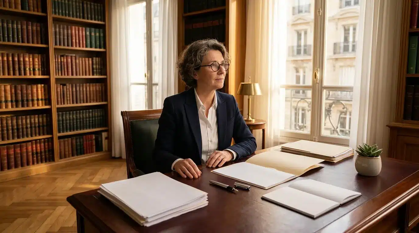 Femme en costume travaillant à son bureau dans une bibliothèque