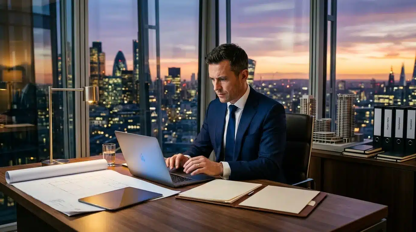 Homme d'affaires en costume travaillant sur laptop, vue panoramique urbaine nocturne