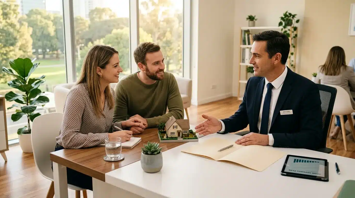 Couple en consultation immobilière avec agent dans bureau moderne